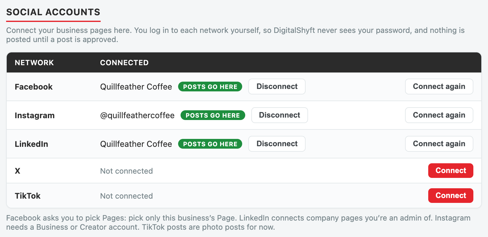 The Social accounts panel with its Connect buttons