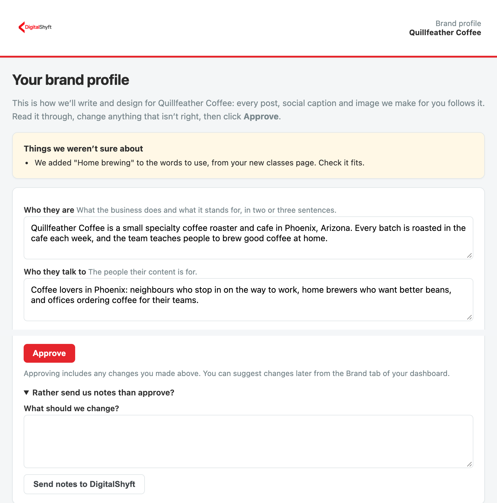 The brand profile review page with its Approve button