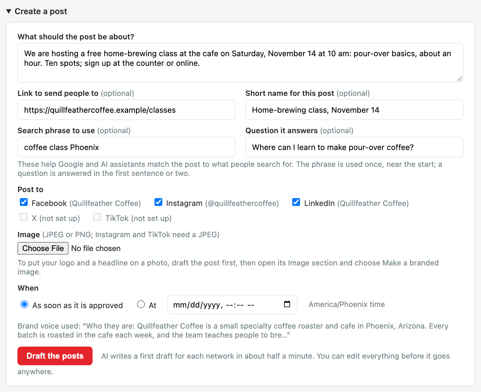 Create a post, filled in