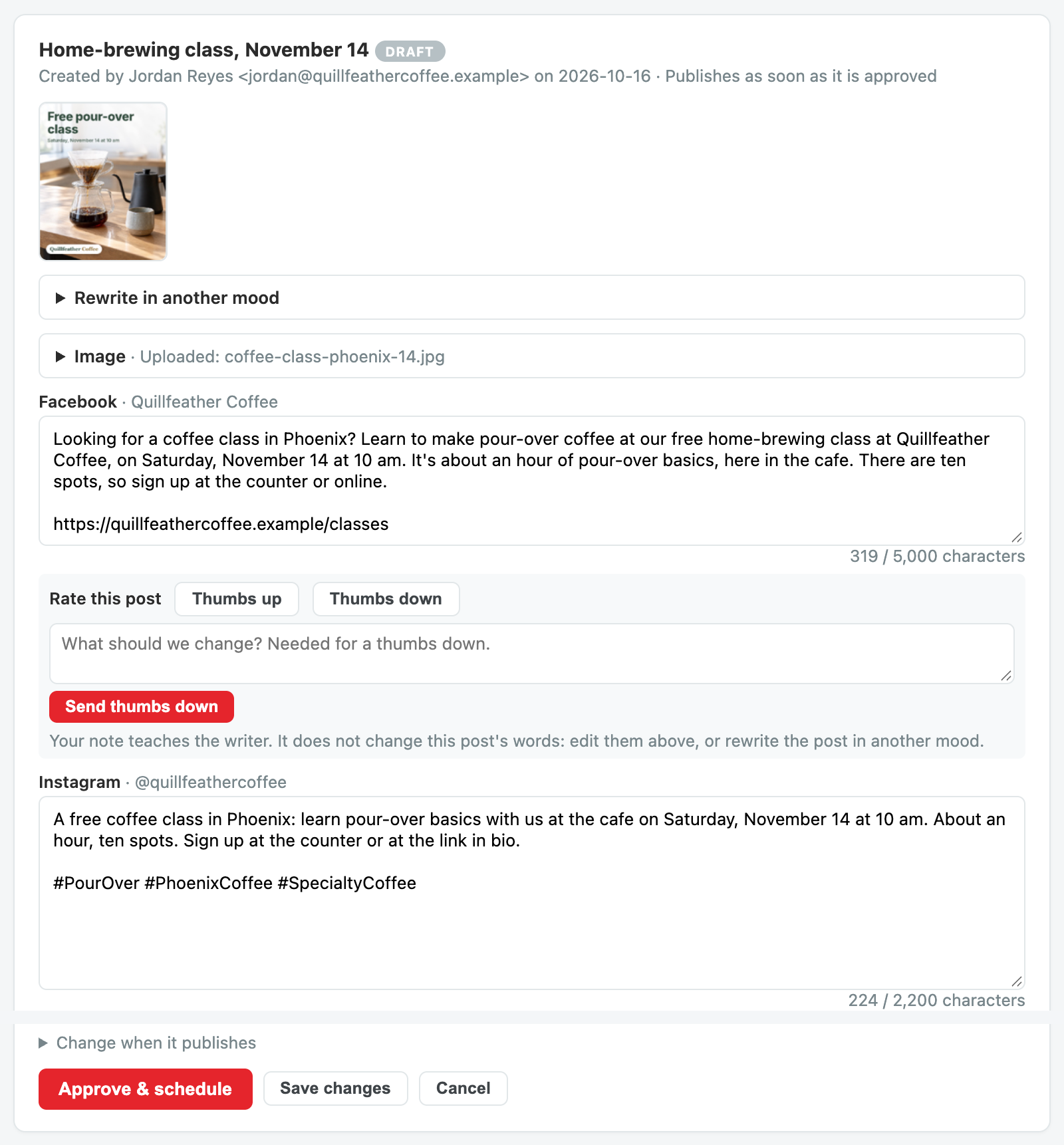 The draft made from it, with the text for each network and the Approve & schedule button
