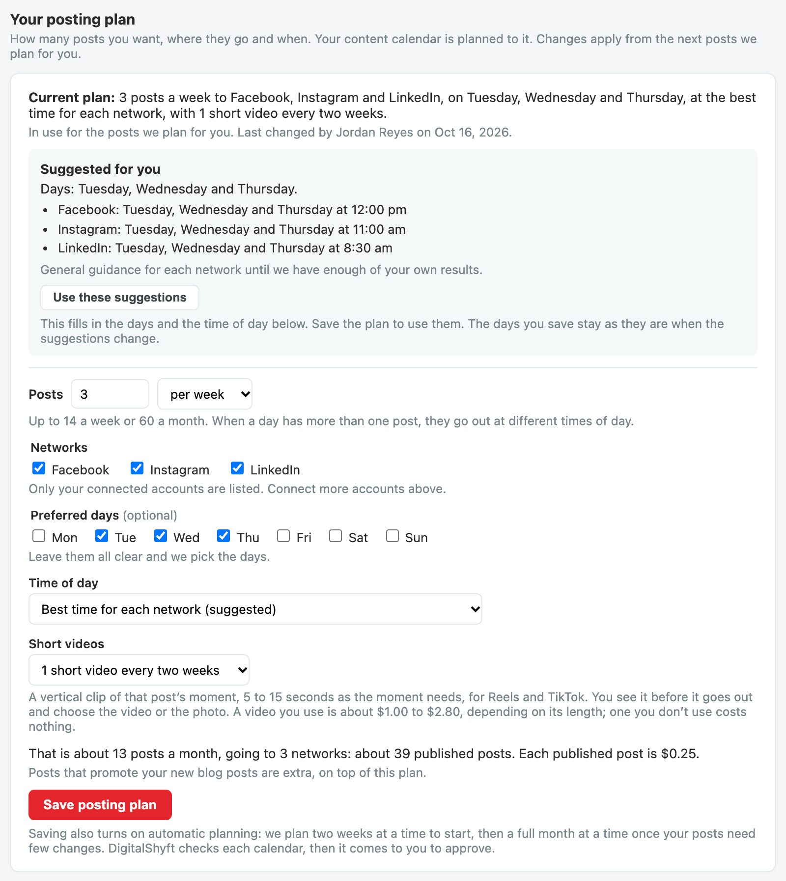 The Your posting plan panel