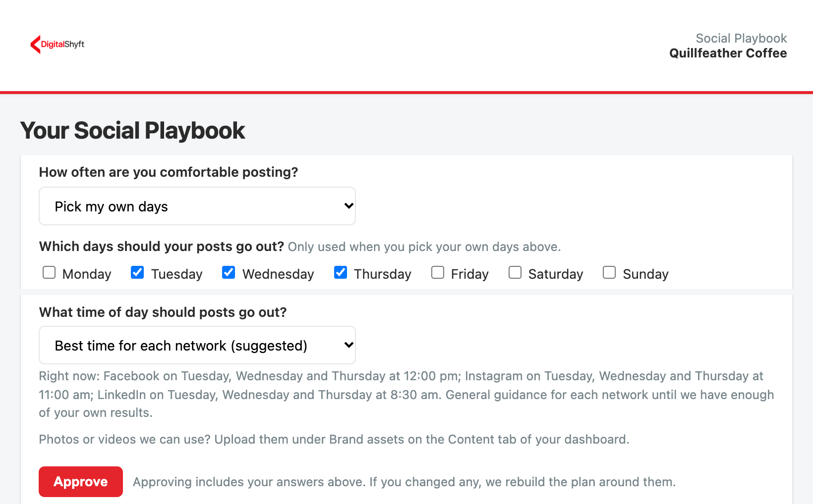 The Social Playbook questions on how often and what time of day posts go out